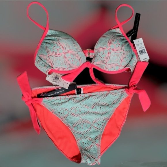 ninety-nine degrees Other - NWT RARE NINETY-NINE DEGREES CROCHET LACE BIKINI SET SZ L TEAL & NEON PINK